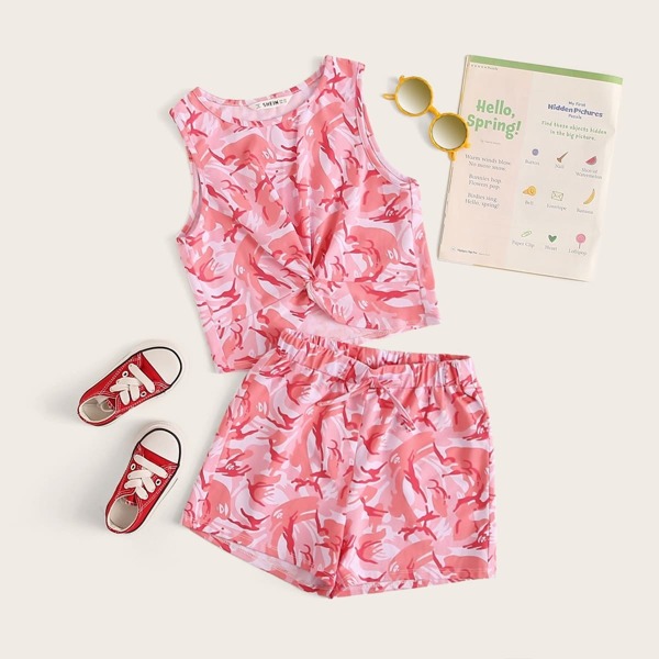 

Girls Allover Print Twist Hem Tank Top And Shorts Set, Pink