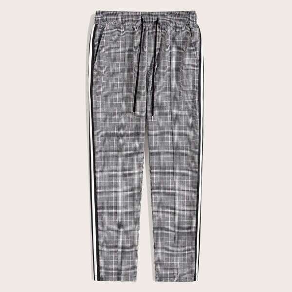 

Men Drawstring Waist Striped Side Plaid Pants, Grey