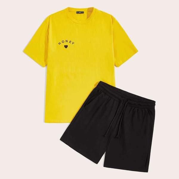 

Men Letter & Heart Tee and Shorts Set, Multicolor