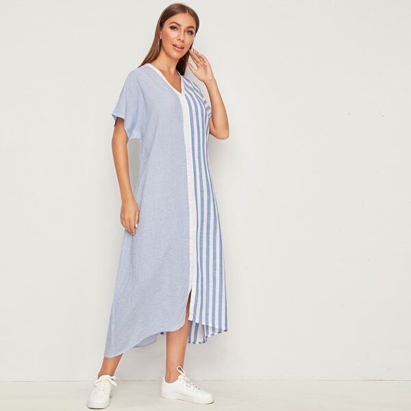 

Lace Trim Batwing Sleeve Dip Hem Striped Dress