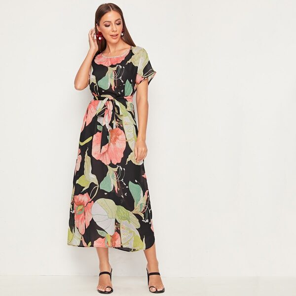 

Botanical Print Self Belted Curved Hem Dress