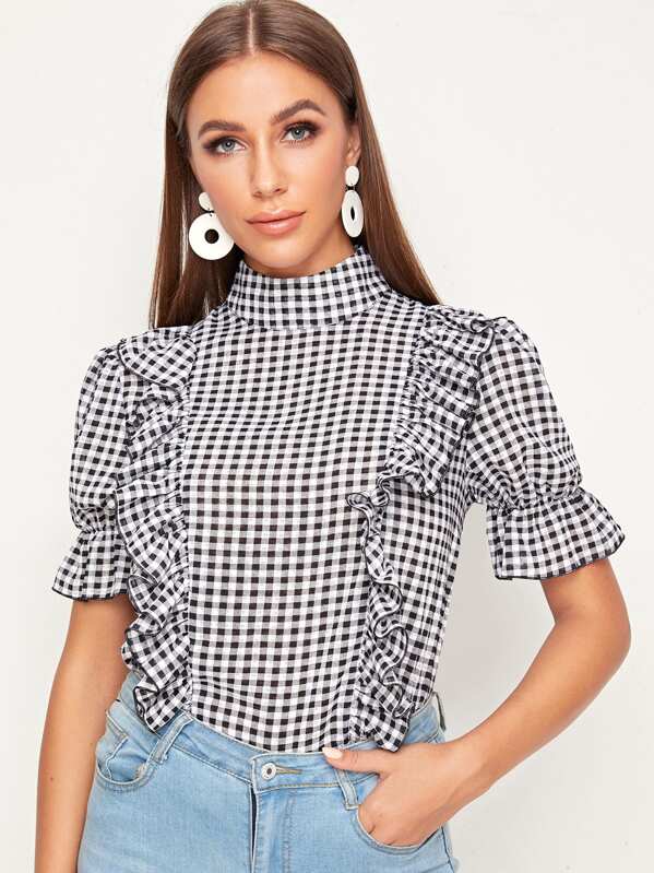 

Gingham Print Keyhole Back Ruffle Trim Top, Black and white, Hanna