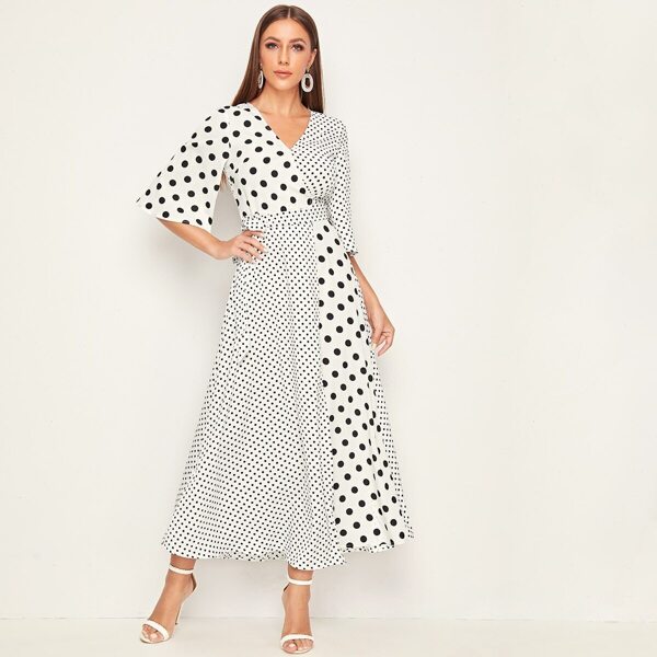 

Polka Dot Bell Sleeve Self Belted Wrap Dress, Black and white