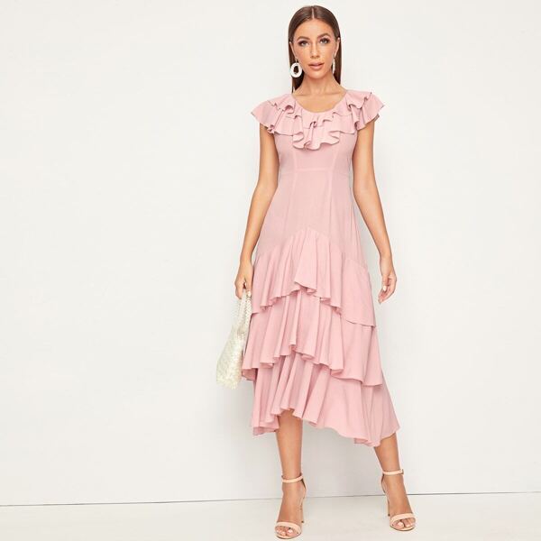 

Layered Ruffle Trim Fit & Flare Solid Dress, Pink