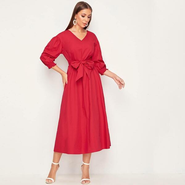 

V-neck Shirred Cuff Self Belted Solid Dress, Red