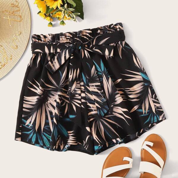 

Tropical Print Paperbag Waist Self Belted Shorts