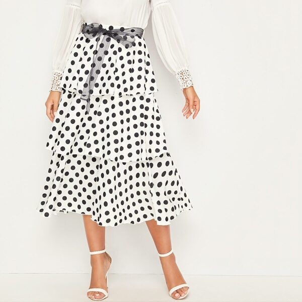 

Polka Dot Self Mesh Belted Layered Hem Skirt, Black and white