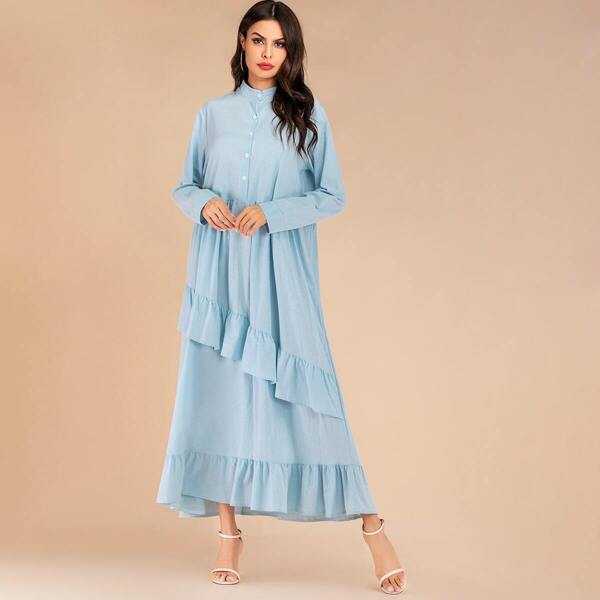 

Button Half Placket Ruffle Hem Dress