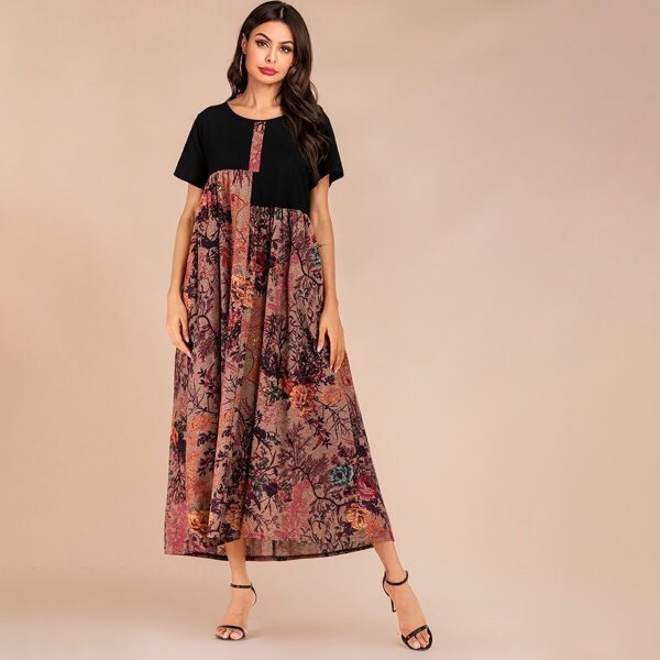 

Color Block Floral Pocket Detail Longline Dress, Multicolor