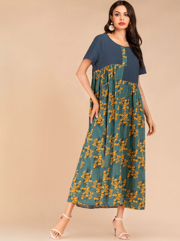 

Color Block Floral Pocket Detail Longline Dress, Multicolor