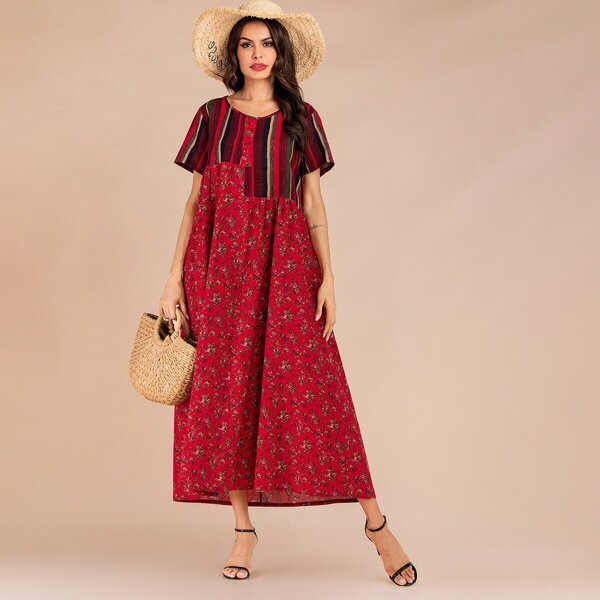 

Floral & Stripe Pocket Detail Longline Dress, Multicolor