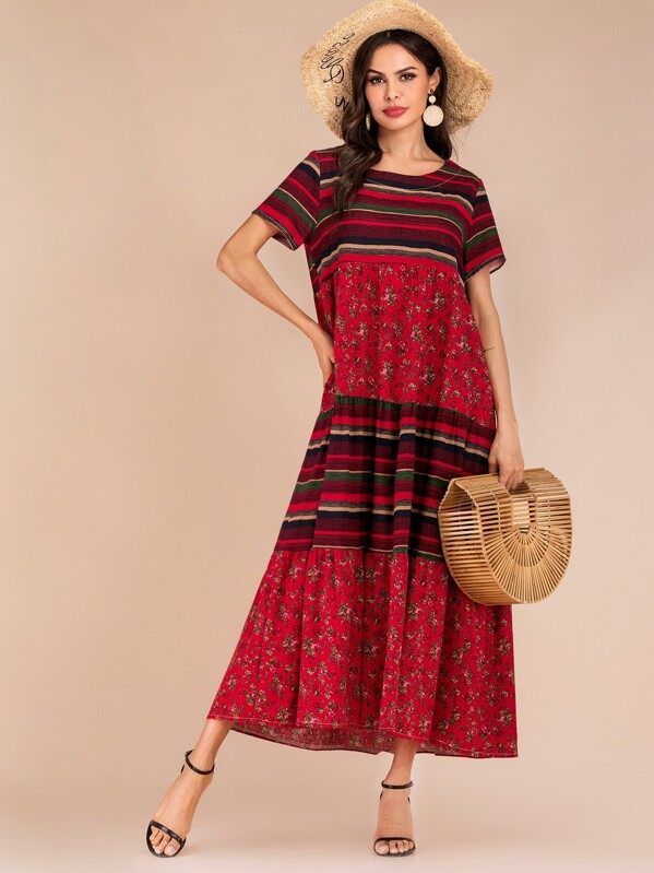 

Floral Print Colorful Stripe Dress, Multicolor