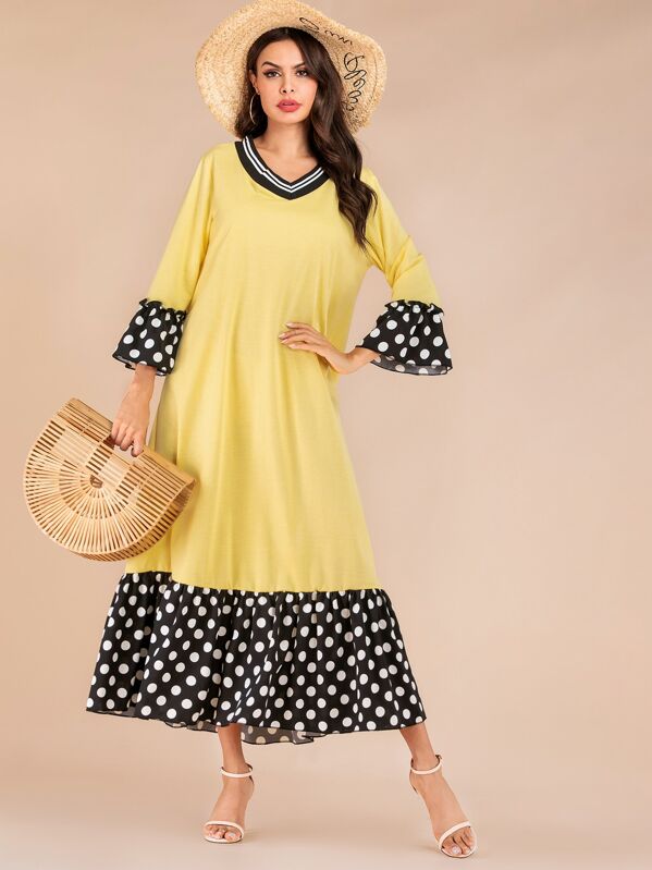 

Polka Dot Flounce Sleeve Ruffle Hem Dress, Yellow