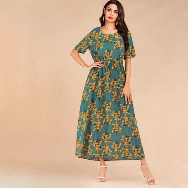 

Floral Print Drawstring Waist Hidden Pocket Longline Dress, Green