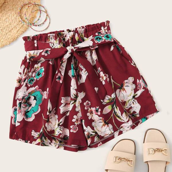 

Self Tie Floral Print Shorts, Burgundy
