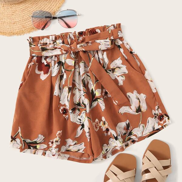 

Floral Print Self-Tie Paperbag Waist Shorts, Burnt orange