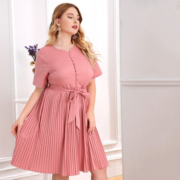 

Plus Button Front Belted Pleated Hem Dress