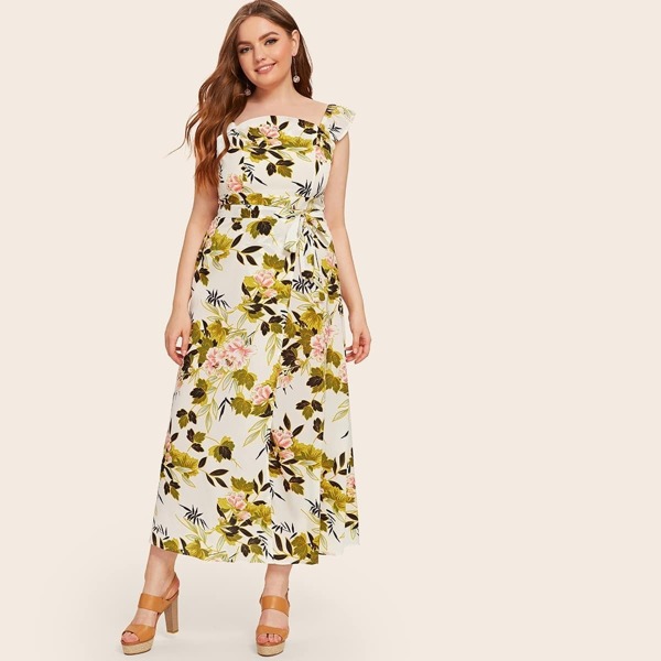 

Plus Floral Print Ruffle Trim Shirred Dress, Multicolor
