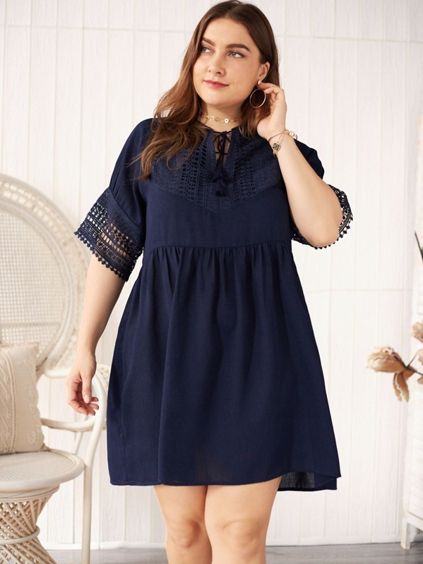 

Plus Tie Front Contrast Lace Dress, Navy, Franziska