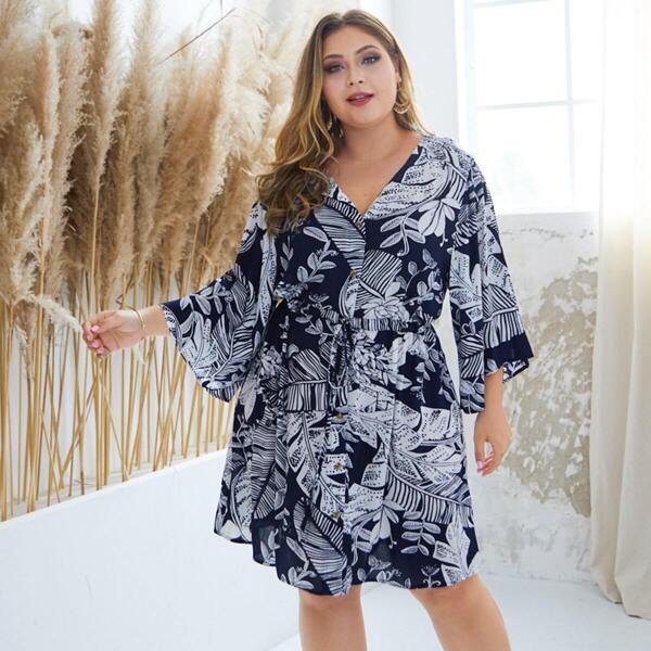 

Plus Plants Print Button Front Drawstring Dress
