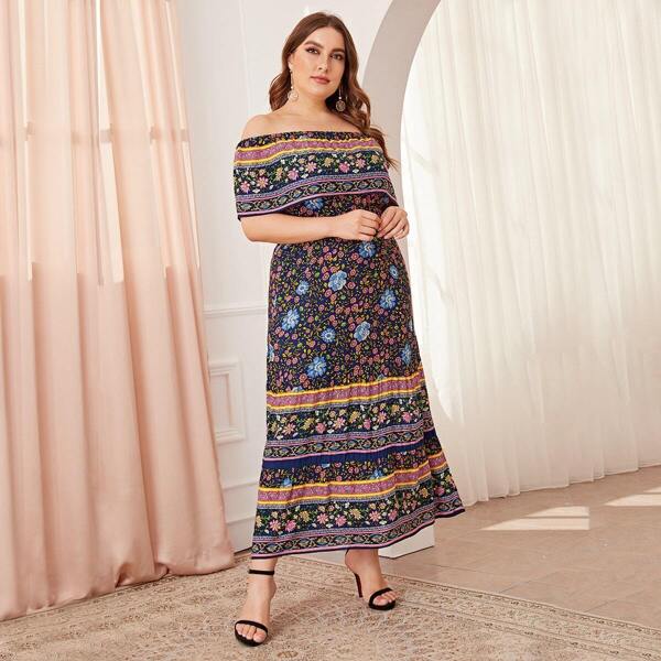 

Plus Off Shoulder Floral Print Dress, Multicolor