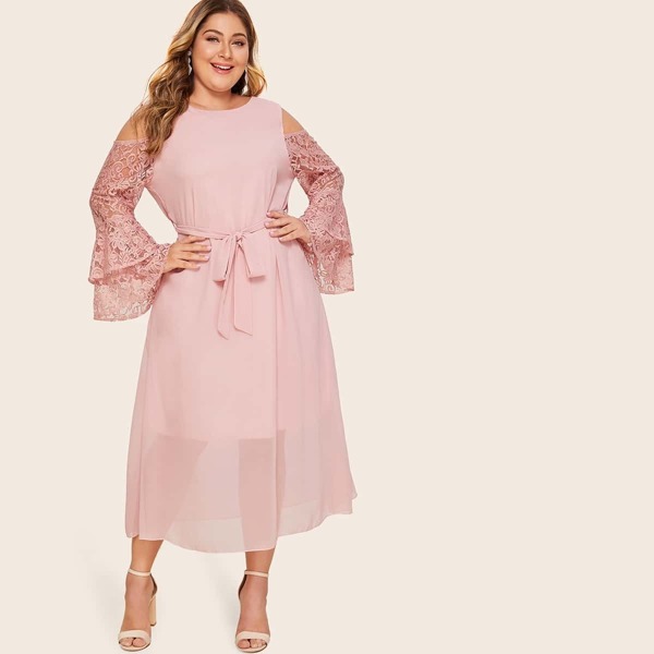 

Plus Cold Shoulder Contrast Lace Belted Dress, Pink