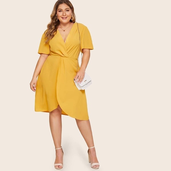

Plus Surplice V-neck Asymmetrical Hem Dress