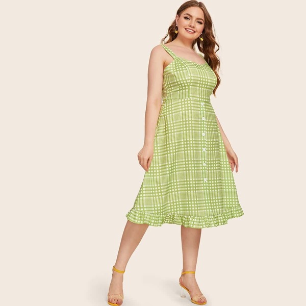 

Plus Button Front Plaid Ruffle Hem Dress, Green