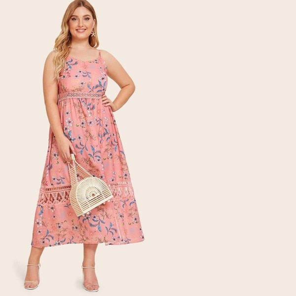 

Plus Floral Print Contrast Lace Cami Dress, Pink
