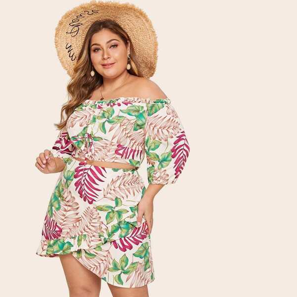 

Plus Tropical Print Off Shoulder Lettuce Frill Crop Top With Asymmetrical Hem Skirt, Multicolor