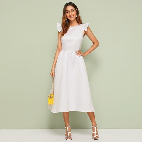 

Ruffle Trim Fit And Flare Solid Dress, White