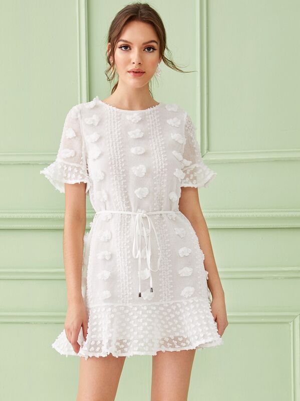 

Swiss Dot Flounce Sleeve Belted Dress, White, Natalia