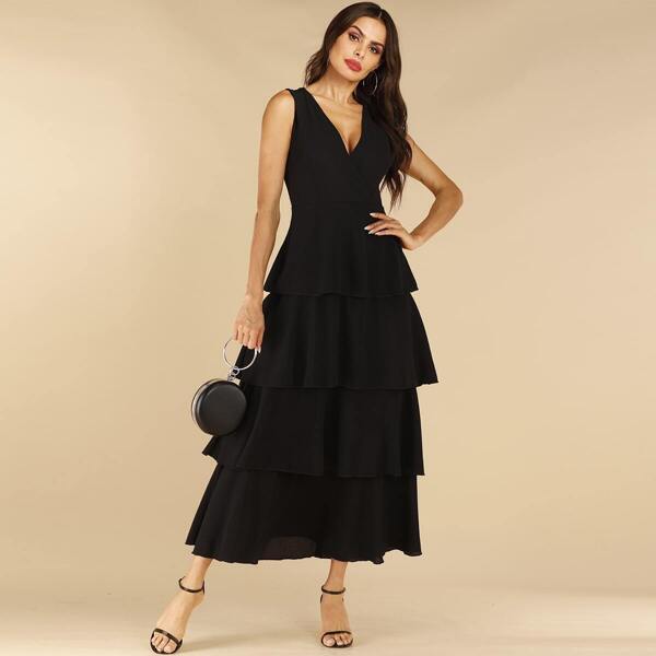 

Solid V-neck Layered Hem Dress, Black