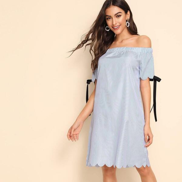 

Striped Knot Cuff Scallop Trim Bardot Dress