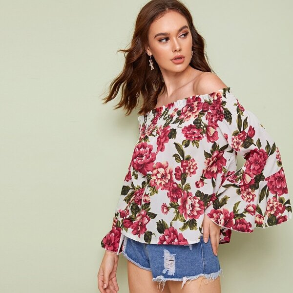 

Large Floral Print Frill Trim Bardot Top