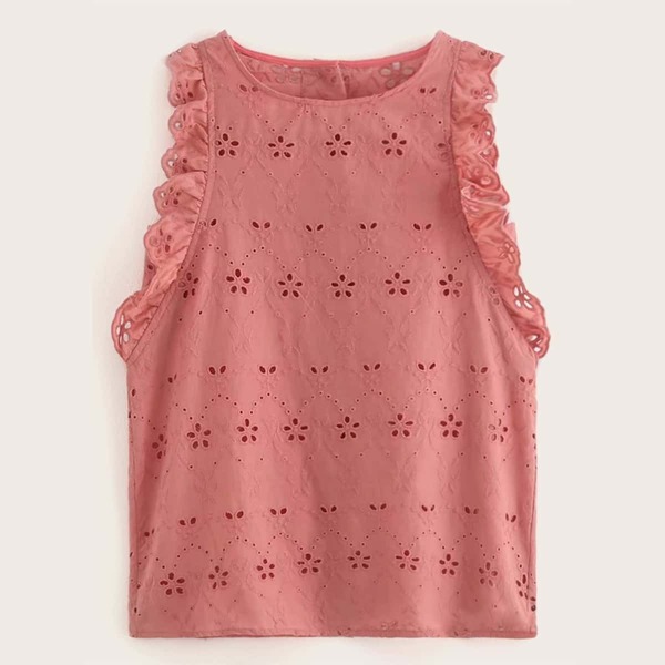 

Eyelet Embroidery Button Back Ruffle Trim Tank Top