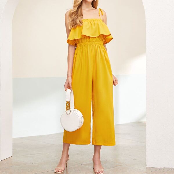 

Ruffle Trim Gathered Waist Wide Leg Cami Jumpsuit