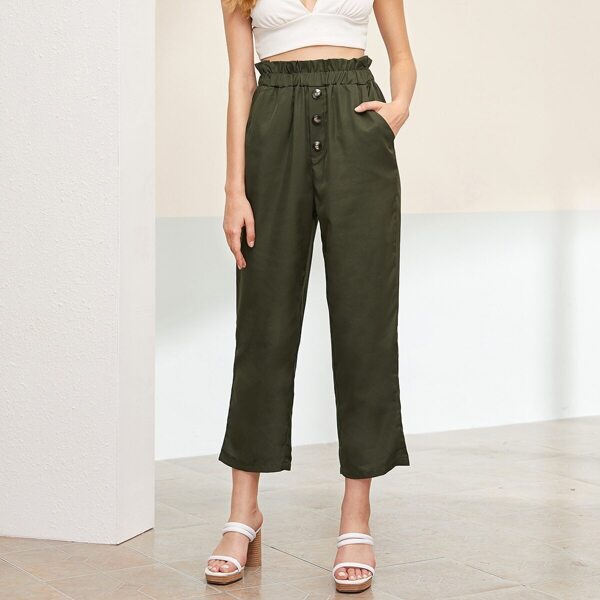 

Frill Waist Button Front Crop Pants, Army green