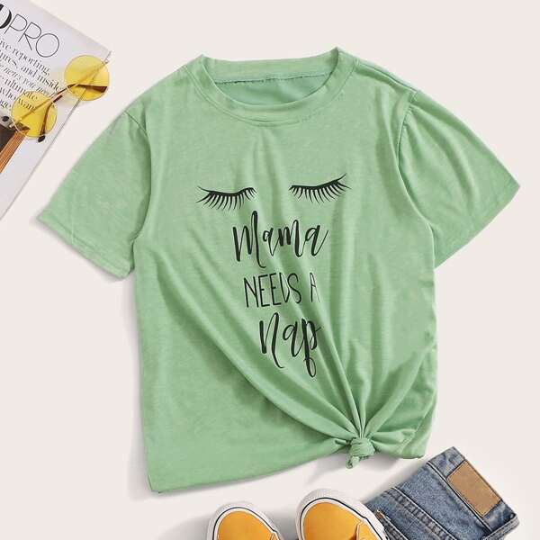 

Eyelash & Slogan Graphic Tee, Green
