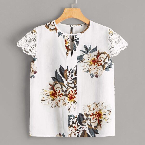 

Floral Print Keyhole Neck Contrast Lace Cuff Blouse, White