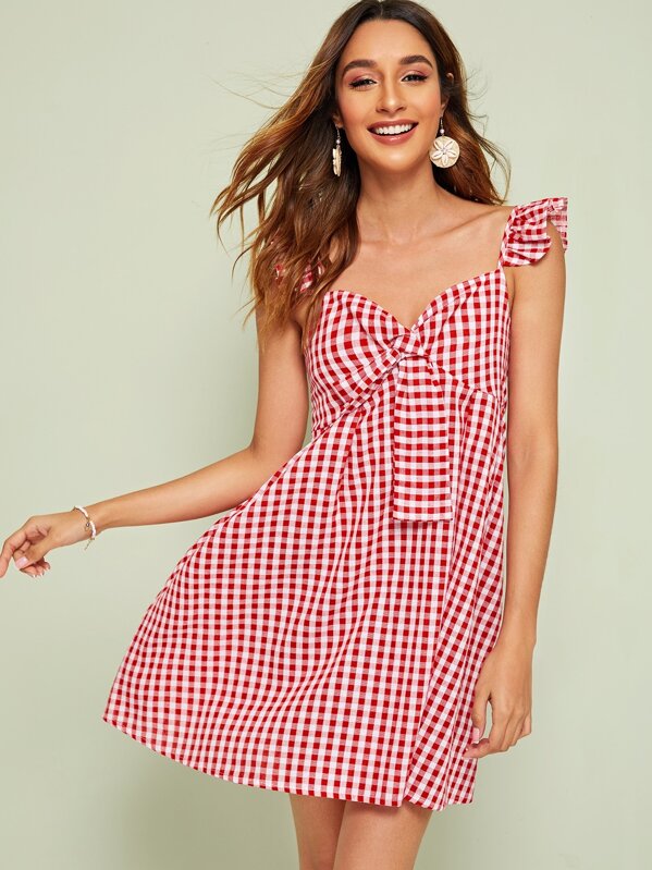 

Gingham Ruffle Trim Knot Dress, Red, Gabi B