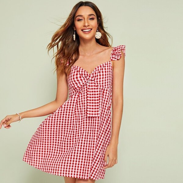 

Gingham Ruffle Trim Knot Dress