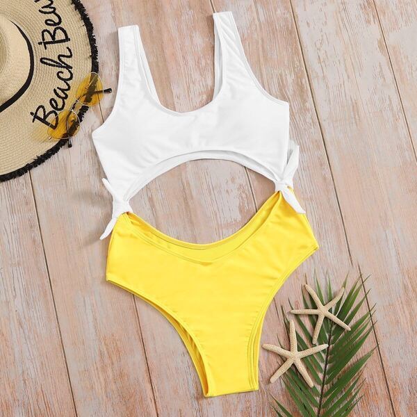 

Two Tone Cut Out Tie Side One Piece Swimwear