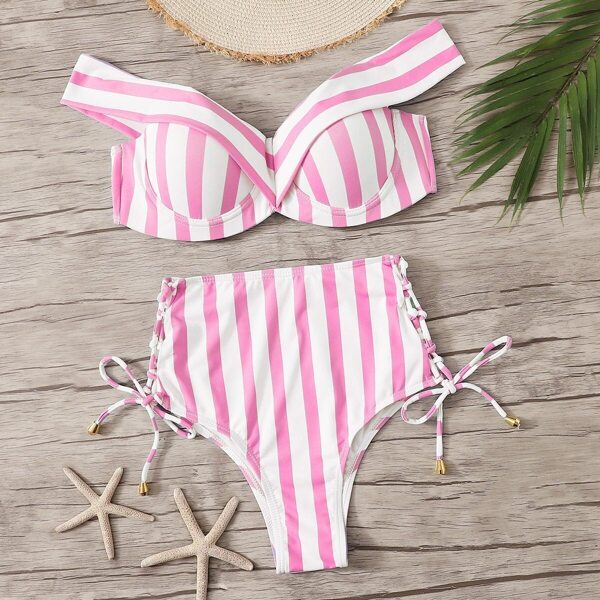 

Striped Underwire Top With Lace Up Bikini Set, Pink