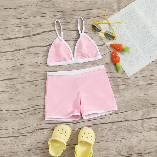 

Girls Contrast Binding Top With Shorts Bikini Set