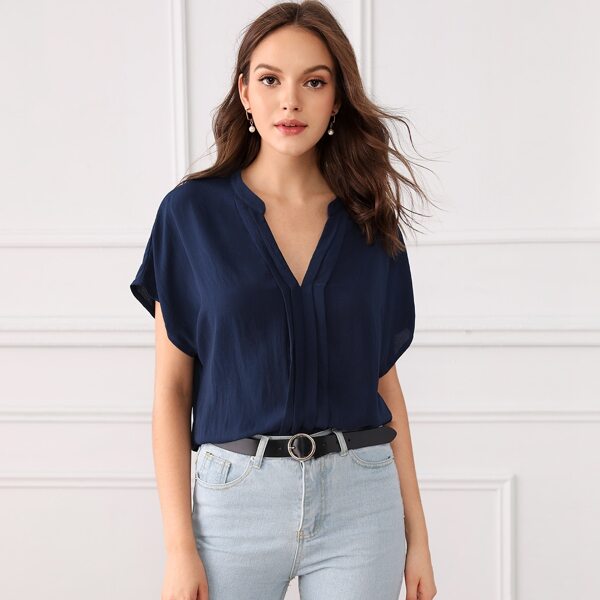 

Solid Batwing Sleeve Pleated Front Top, Navy