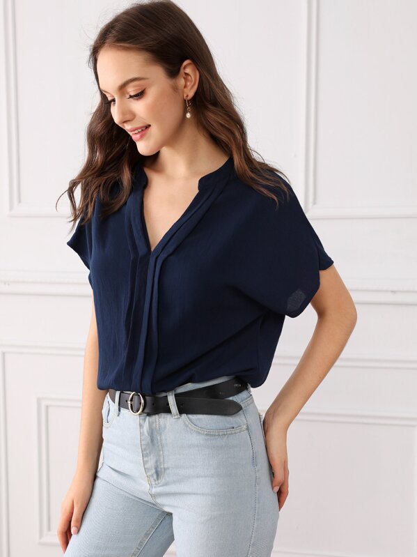 

Solid Batwing Sleeve Pleated Front Top, Navy, Natalia
