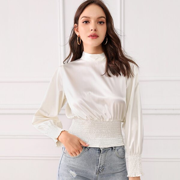 

Mock-neck Shirred Hem Satin Top, White