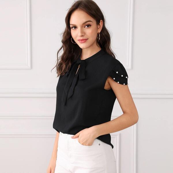 

Solid Tie Neck Pearl Embellished Top