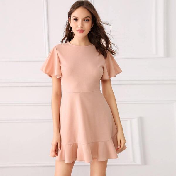 

Solid Butterfly Sleeve Ruffle Hem Dress
